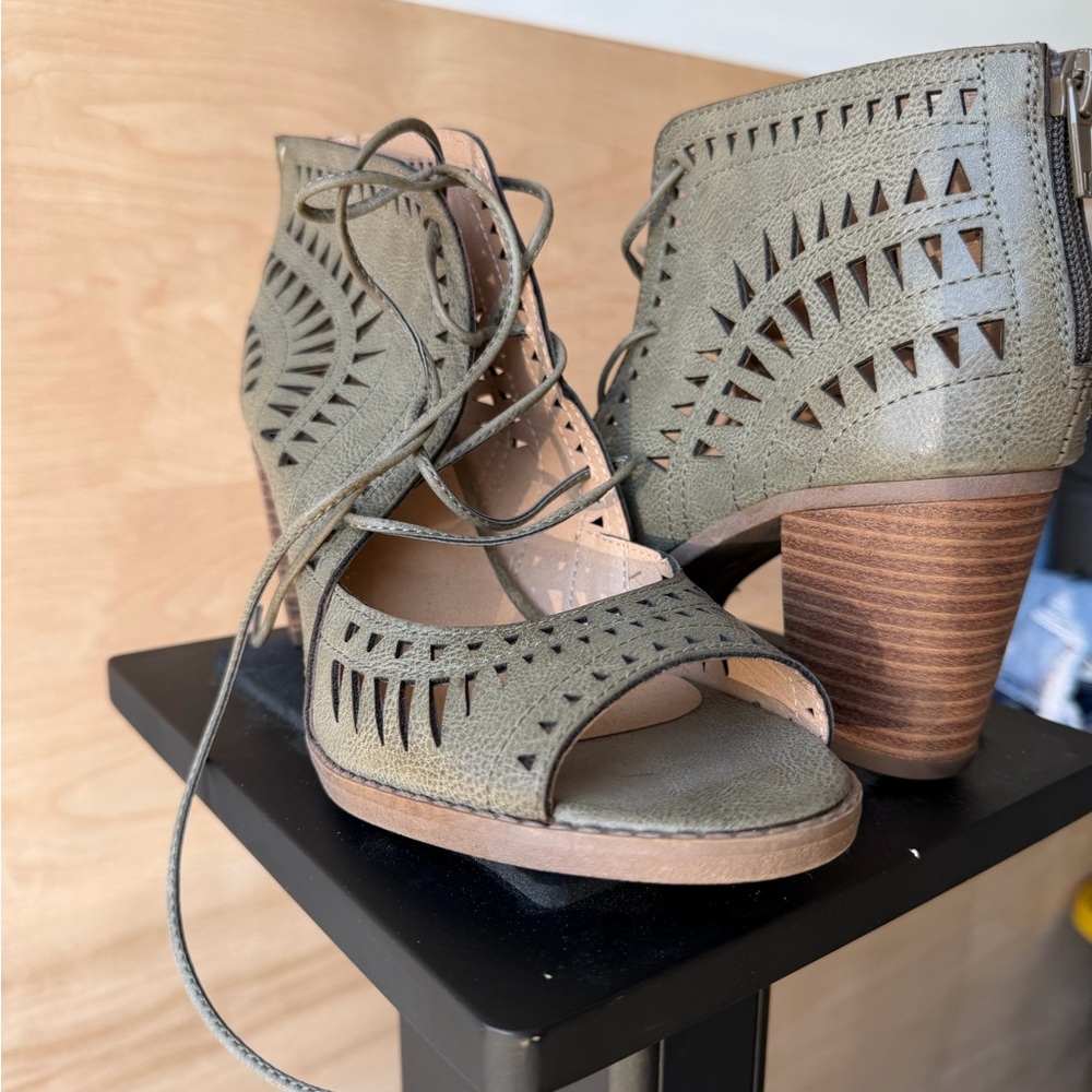 Maurices Olive Laser-Cut Lace-Up Heeled Booties
